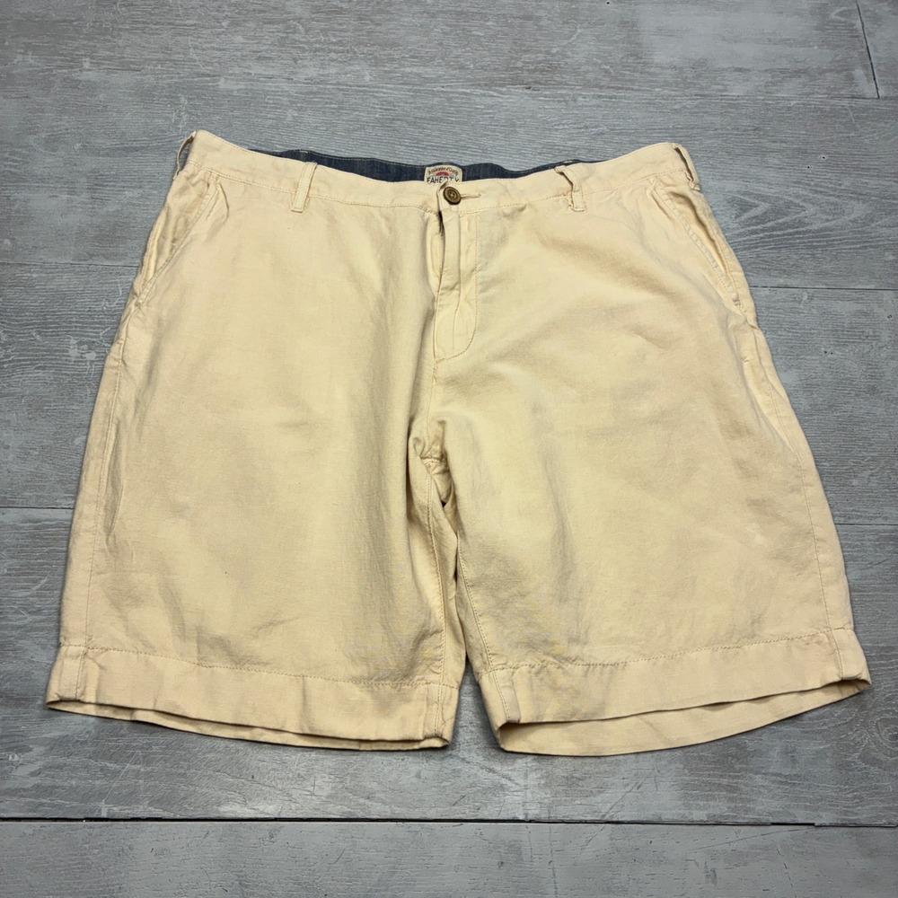 Faherty Brand Linen Cotton Shorts Mens 38 Stone Beige Flat Front MBU2263-STN